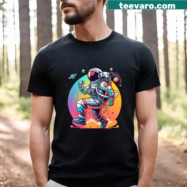 Cartoon astronaut walking in space on T-shirt
