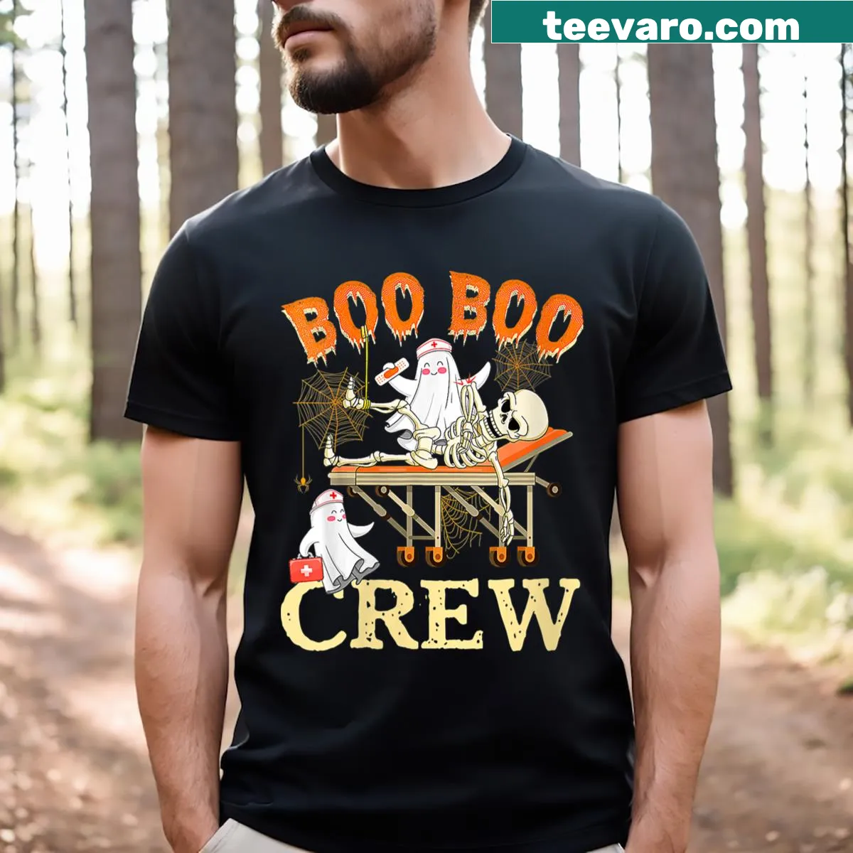 Funny 'Boo Boo Crew' text on nurse Halloween T-shirt — on a men's t-shirt