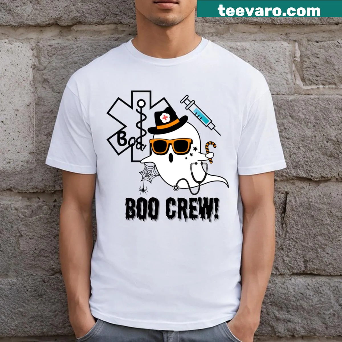 Cartoon ghost design with 'Boo Crew' text for nurses — on a men's t-shirt