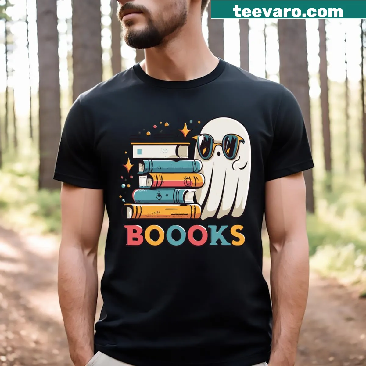 Cartoon ghost graphic with text encouraging reading books for Halloween — on a men's t-shirt
