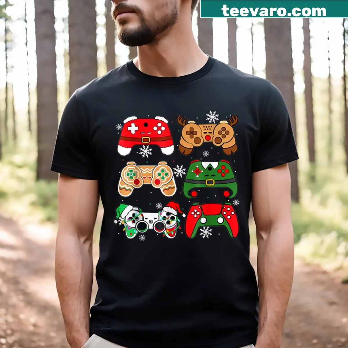 Christmas-themed shirt with Santa, elf, and gaming controllers — on a men's t-shirt