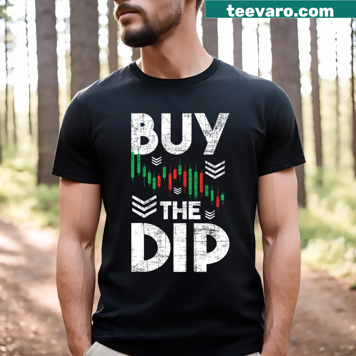 Funny stock market trading shirt with Buy The Dip slogan — on a men's t-shirt