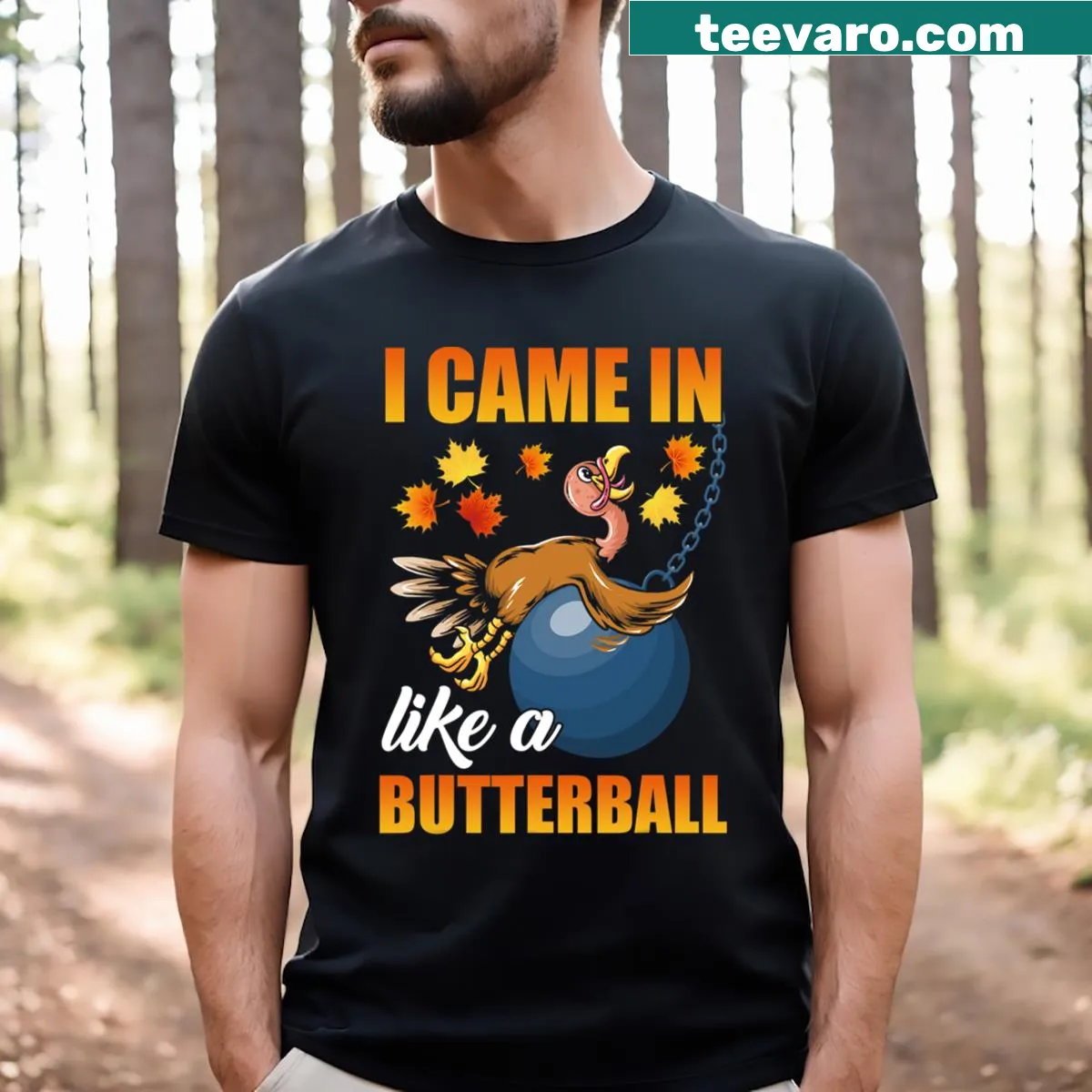 Funny Thanksgiving t-shirt with Butterball turkey graphic — on a men's t-shirt
