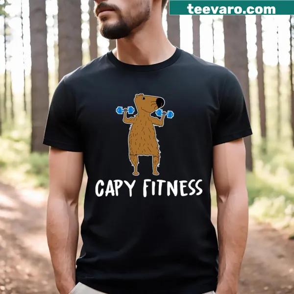 Cartoon capybara lifting weights in fitness gear