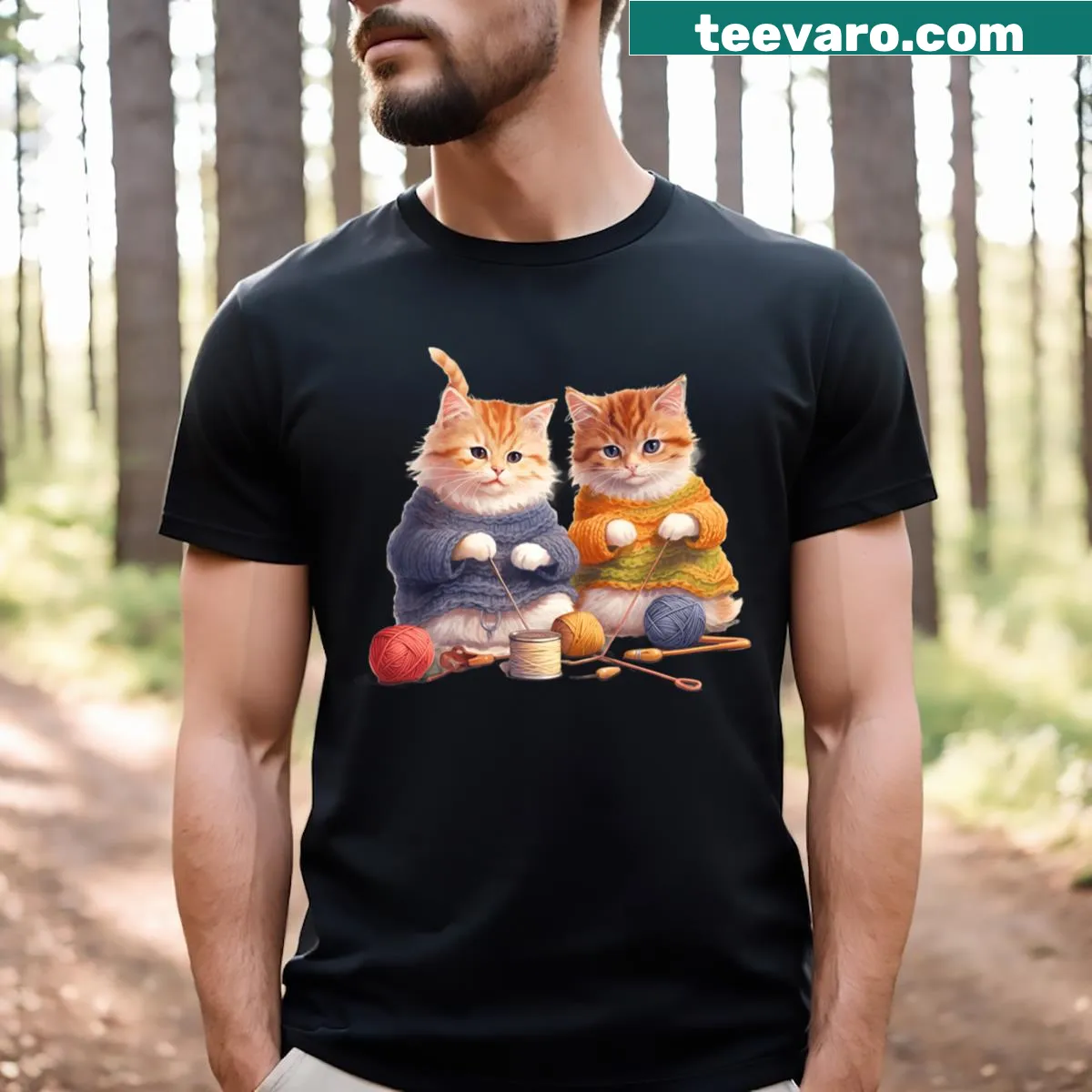 Illustration of a cat with knitting supplies — on a men's t-shirt