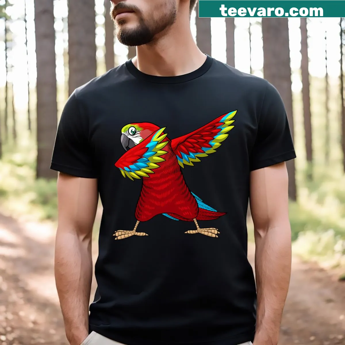 Cartoon parrot graphic T-shirt for bird lovers and men — on a men's t-shirt