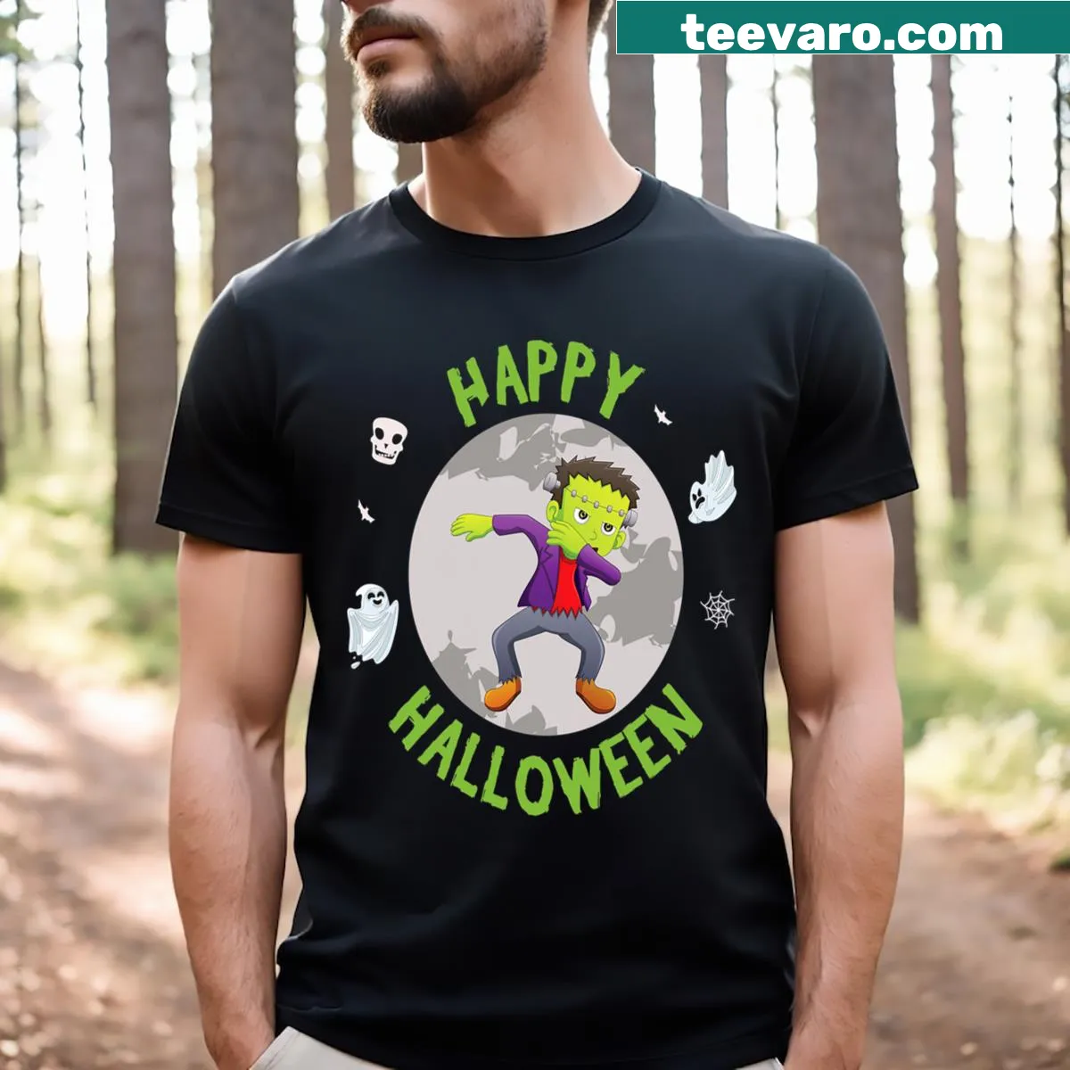 Cartoon Halloween T-shirt with dabbing Frankenstein graphic — on a men's t-shirt