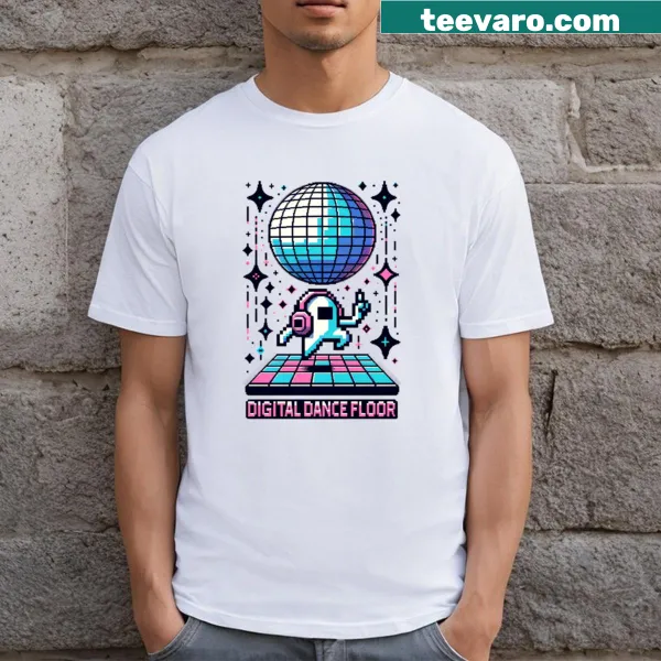 8-bit pixel ghost disco t-shirt with retro dance floor design