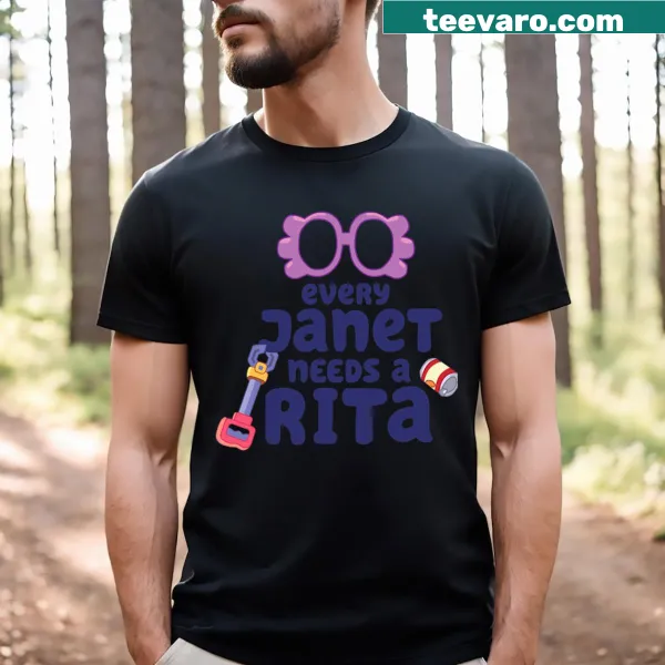 Funny cartoon t-shirt with 'Every Janet Needs A Rita' text