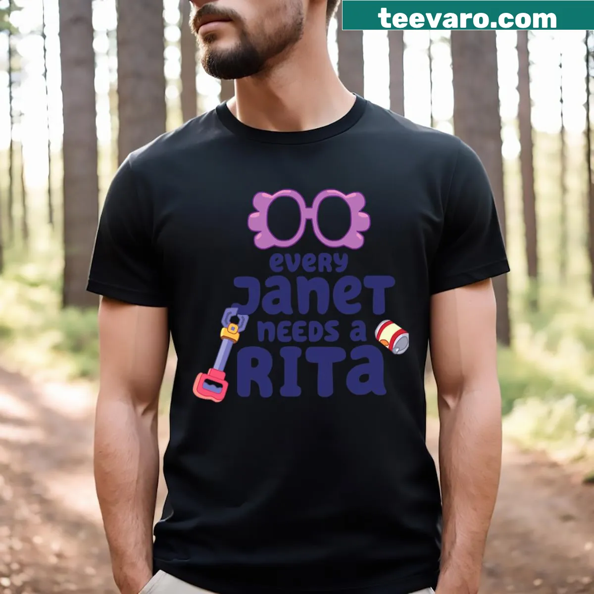 Funny cartoon t-shirt with 'Every Janet Needs A Rita' text — on a men's t-shirt