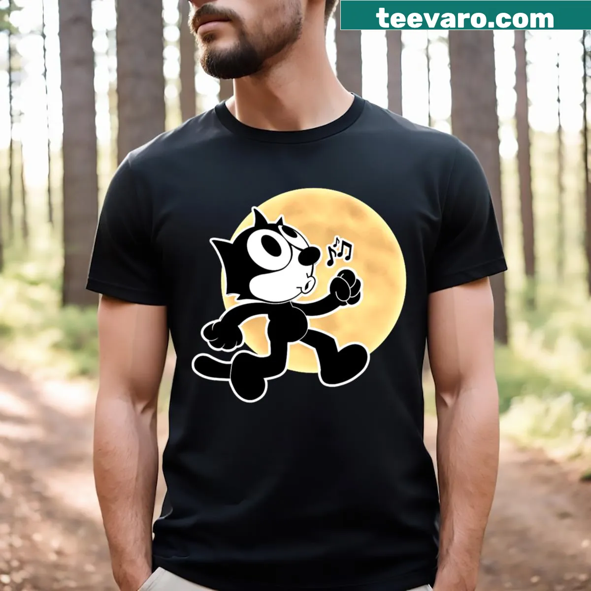Felix cartoon whistling music notes under moonlight on t-shirt — on a men's t-shirt