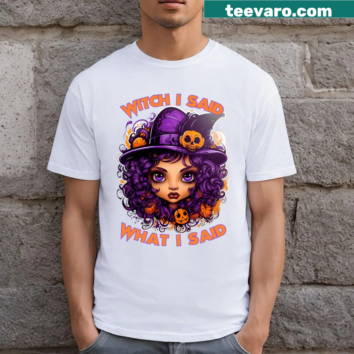 Humorous Halloween T-shirt featuring a funny witch illustration — on a men's t-shirt