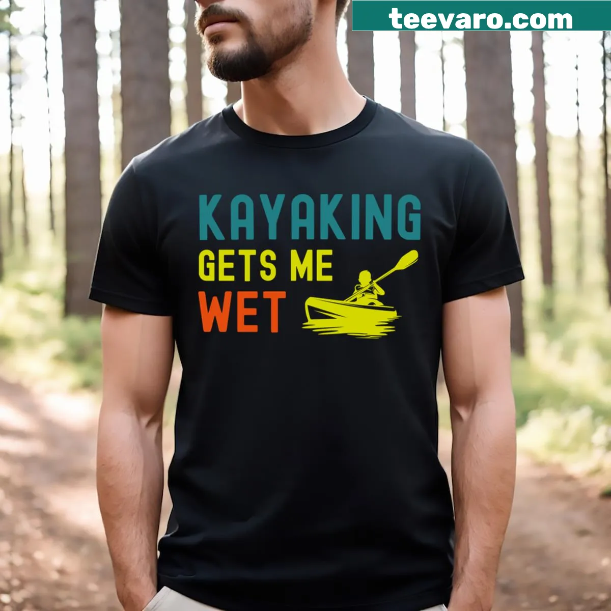 Funny kayaking t-shirt with humorous text about getting wet — on a men's t-shirt