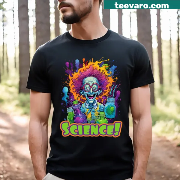 Cartoon mad scientist graphic on a vintage-style t-shirt.