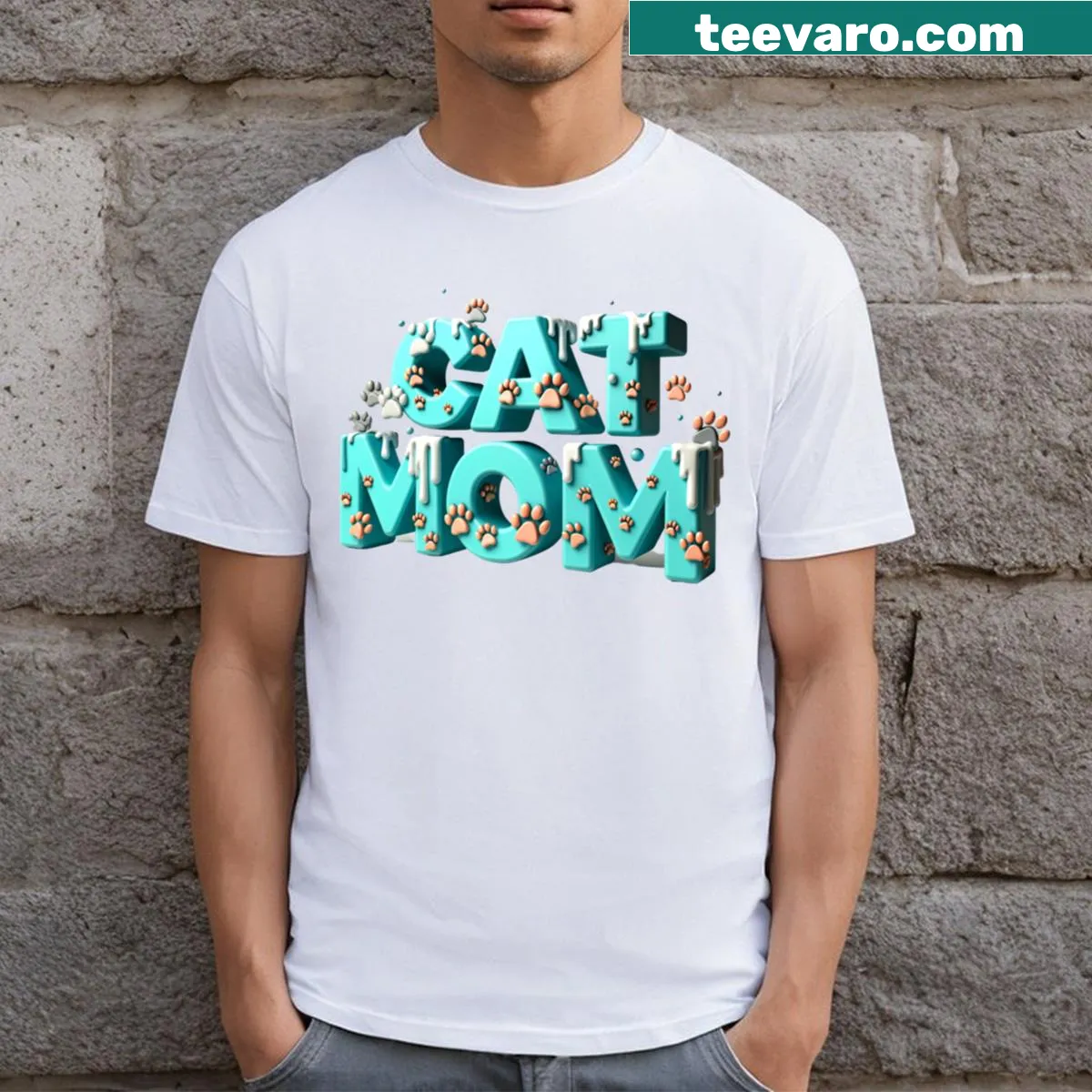 Text graphic saying 'Meow Kitty Cat Mom' on a t-shirt. — on a men's t-shirt
