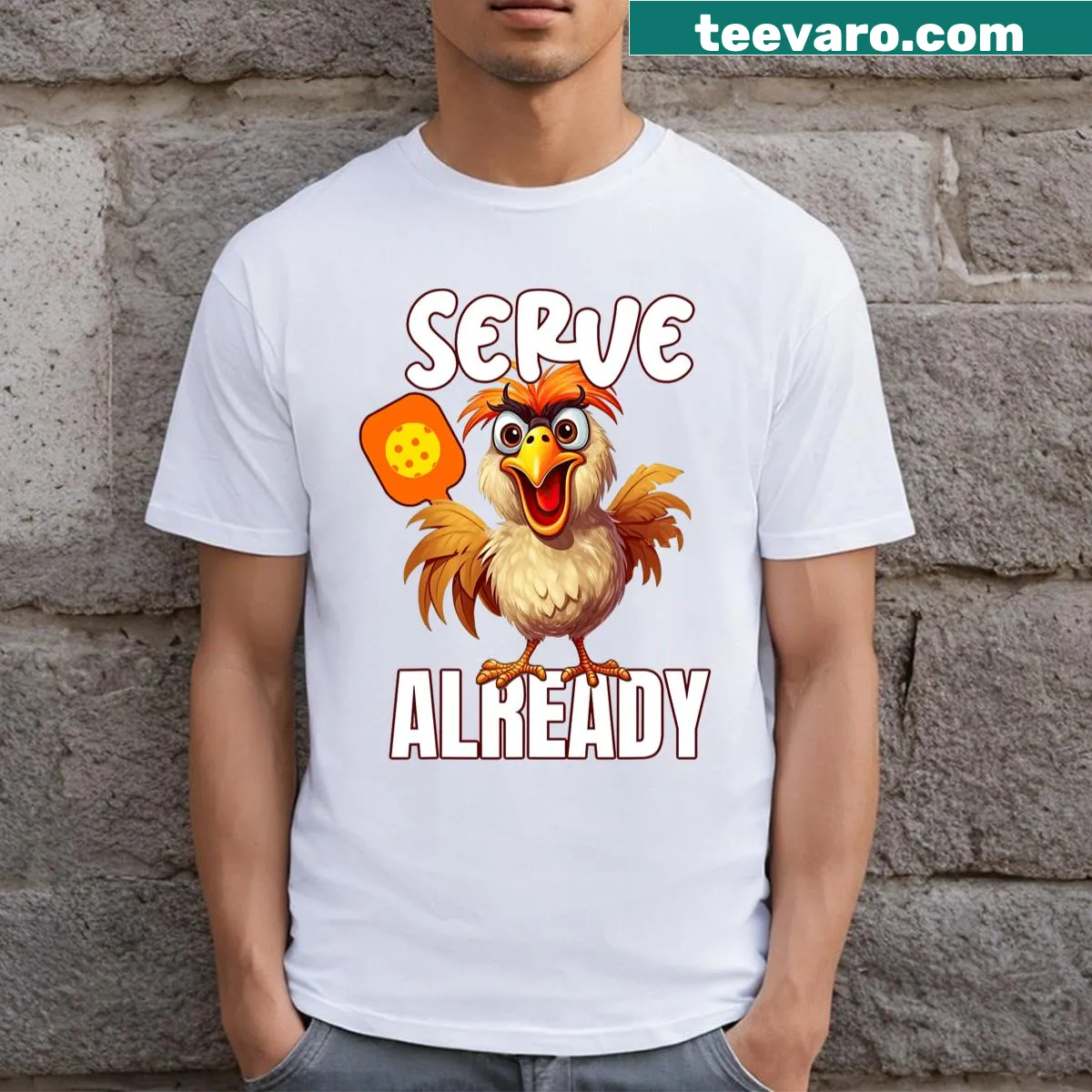 Cartoon chicken character t-shirt with funny pickleball sayings — on a men's t-shirt