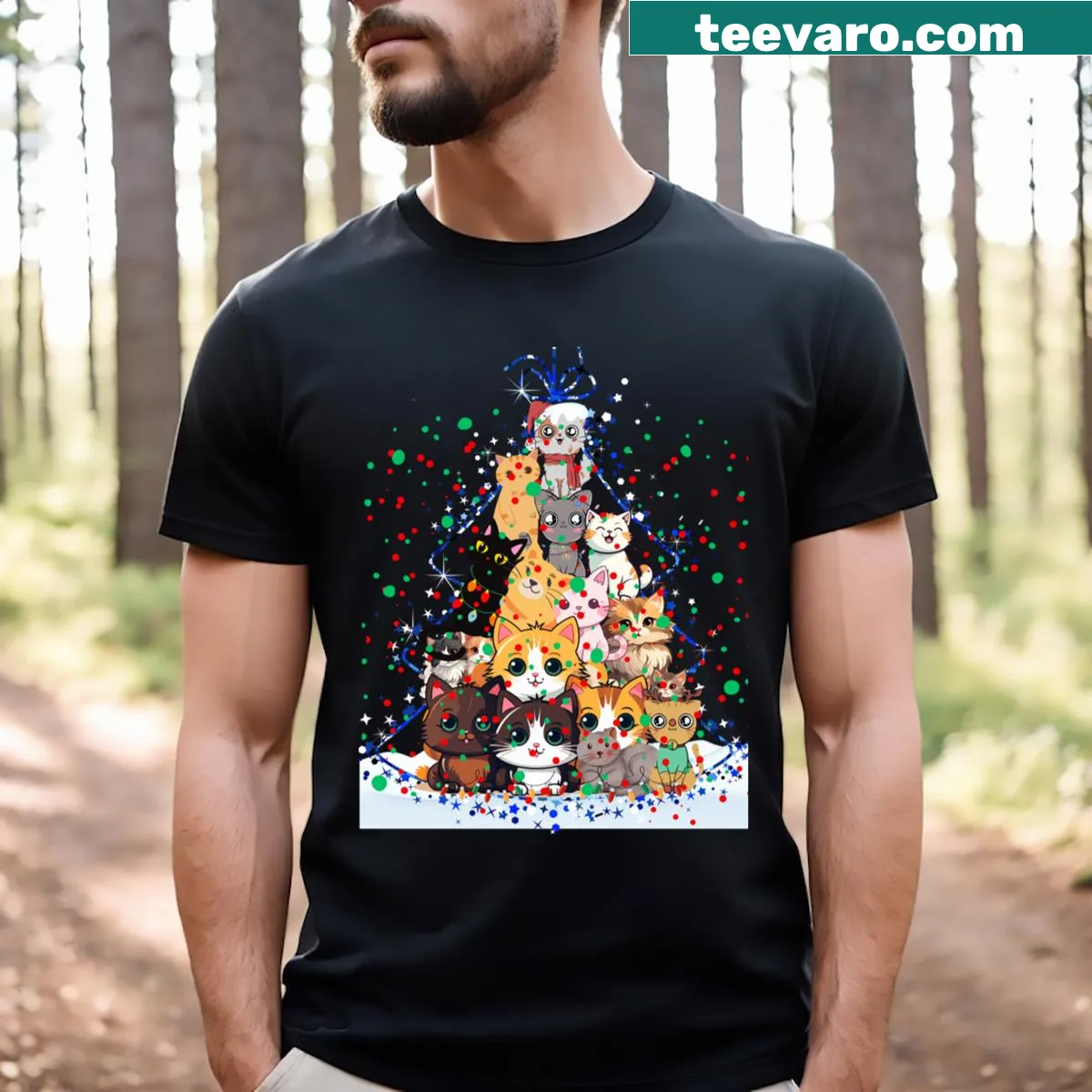 Whimsical Catmas t-shirt with Santa and cute cats — on a men's t-shirt