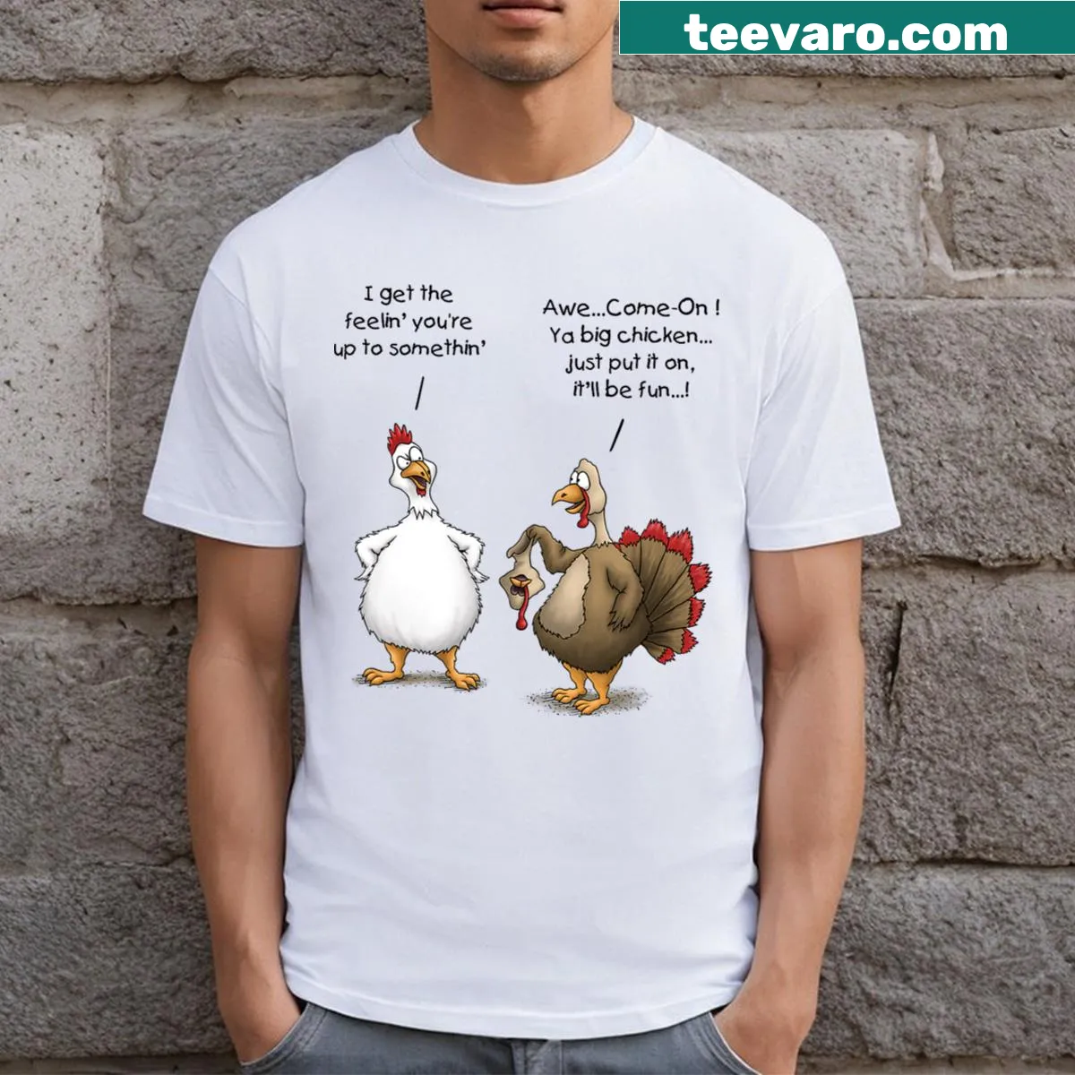 Cartoon big chicken Thanksgiving T-shirt with a fun turkey design — on a men's t-shirt