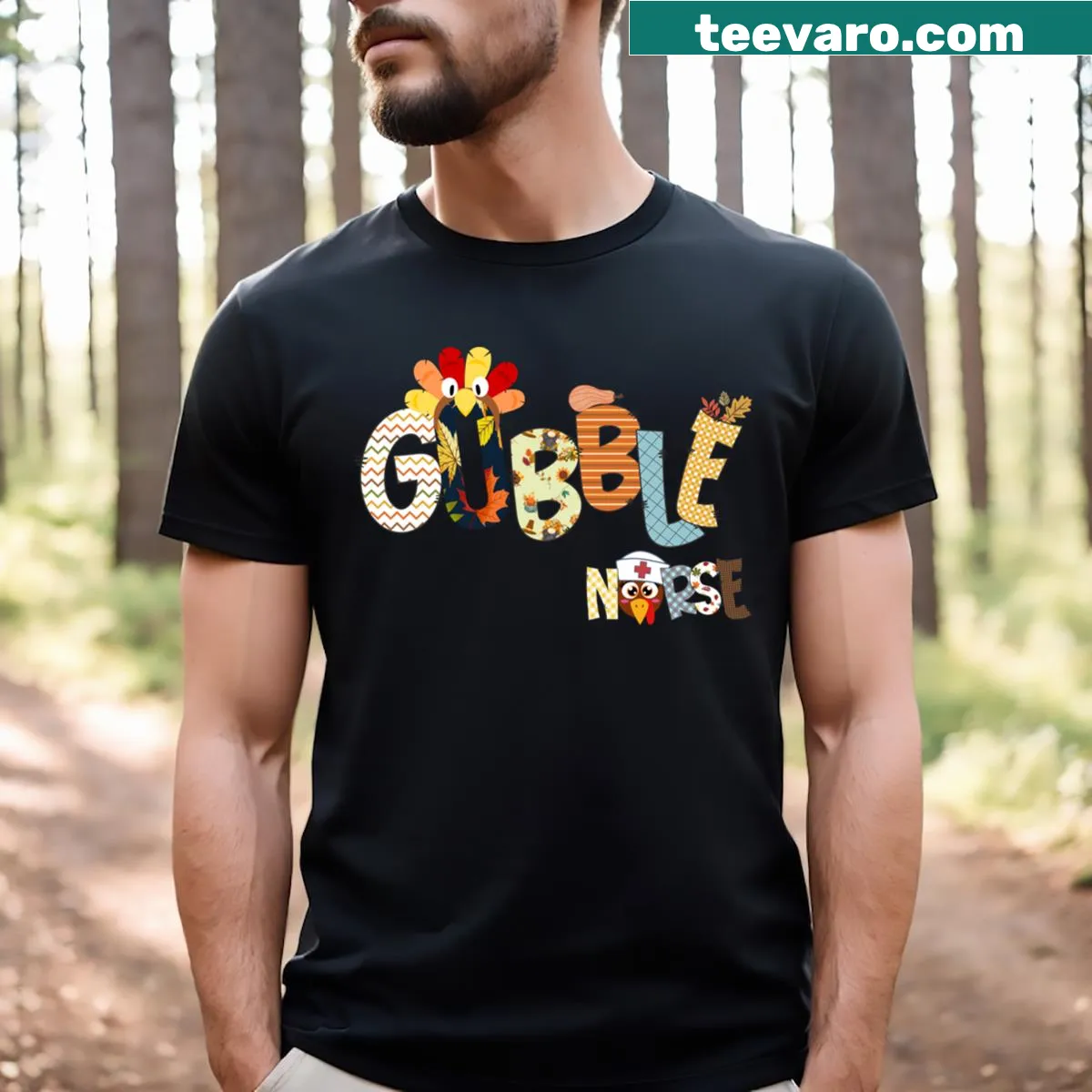 Festive Thanksgiving design with ‘Gobble Gobble’ text for nurses — on a men's t-shirt