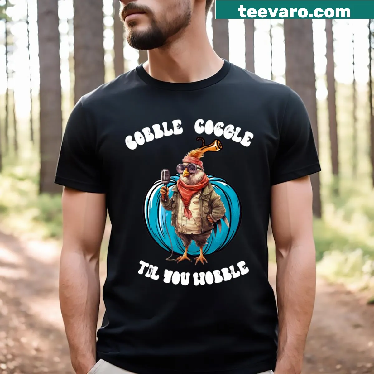 Funny Thanksgiving t-shirt with 'Gobble Gobble Til You Wobble' text — on a men's t-shirt