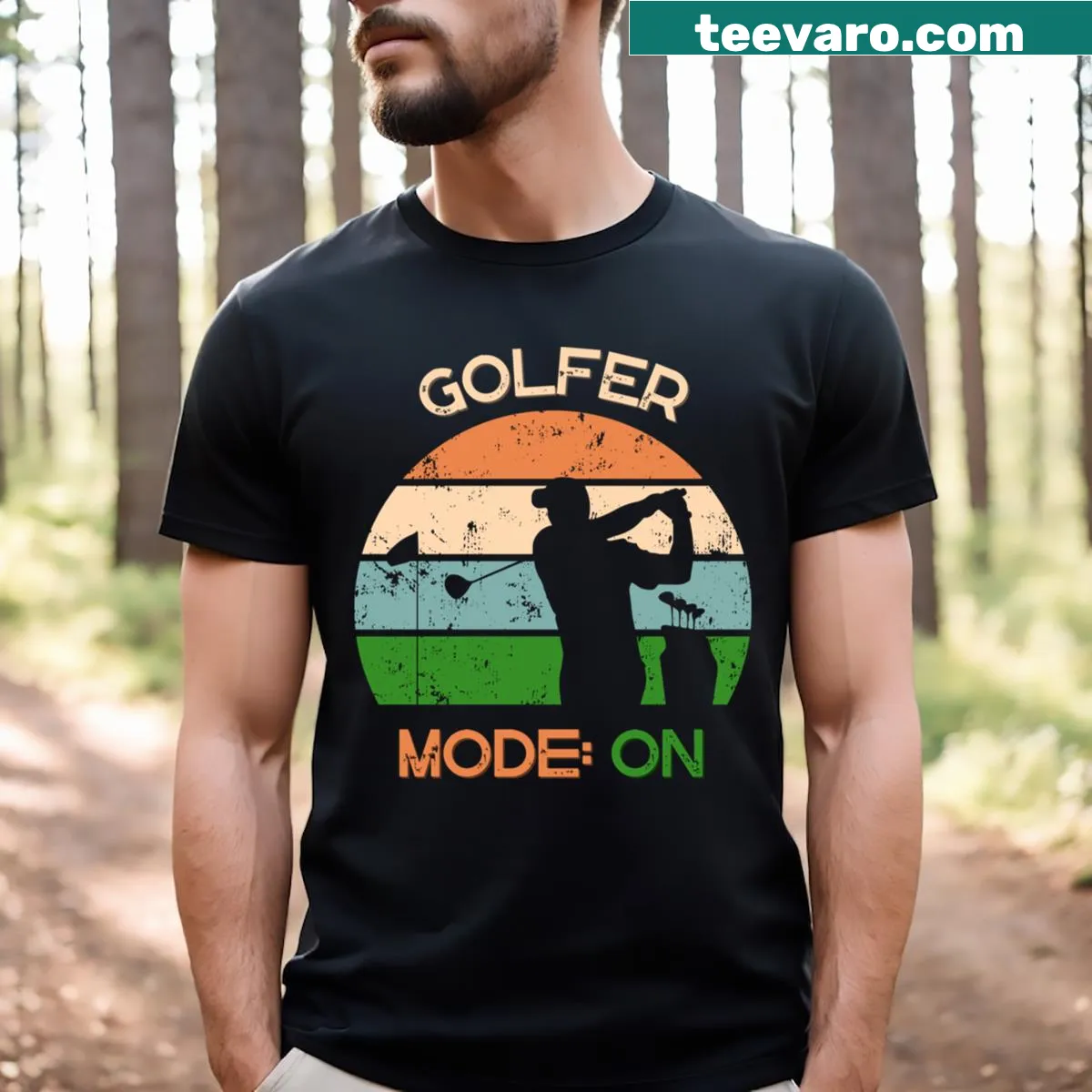 Funny golf T-shirt with golfer mode slogan — on a men's t-shirt