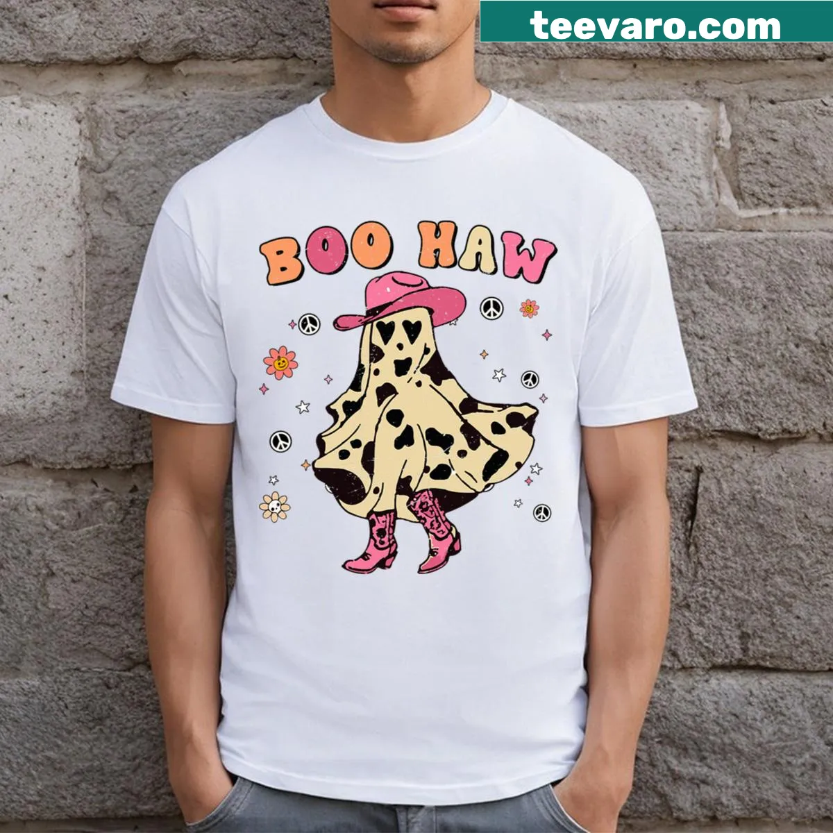 Toddler Halloween t-shirt with a cute ghost cowgirl graphic — on a men's t-shirt