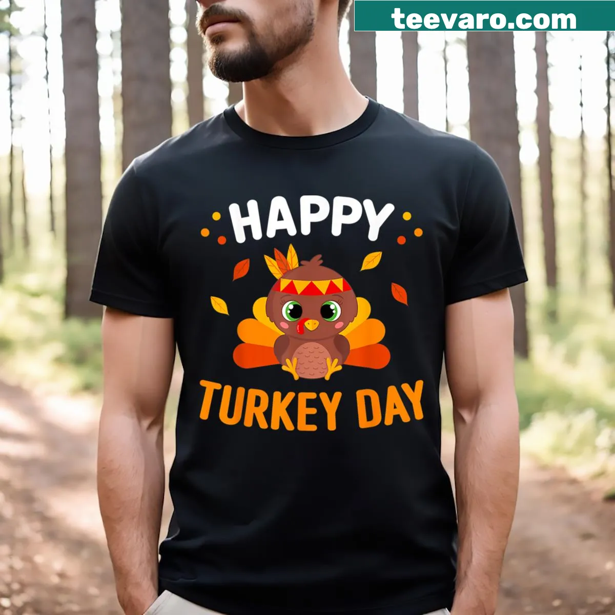 Thanksgiving t-shirt with 'Happy Turkey Day' design and turkey graphic — on a men's t-shirt