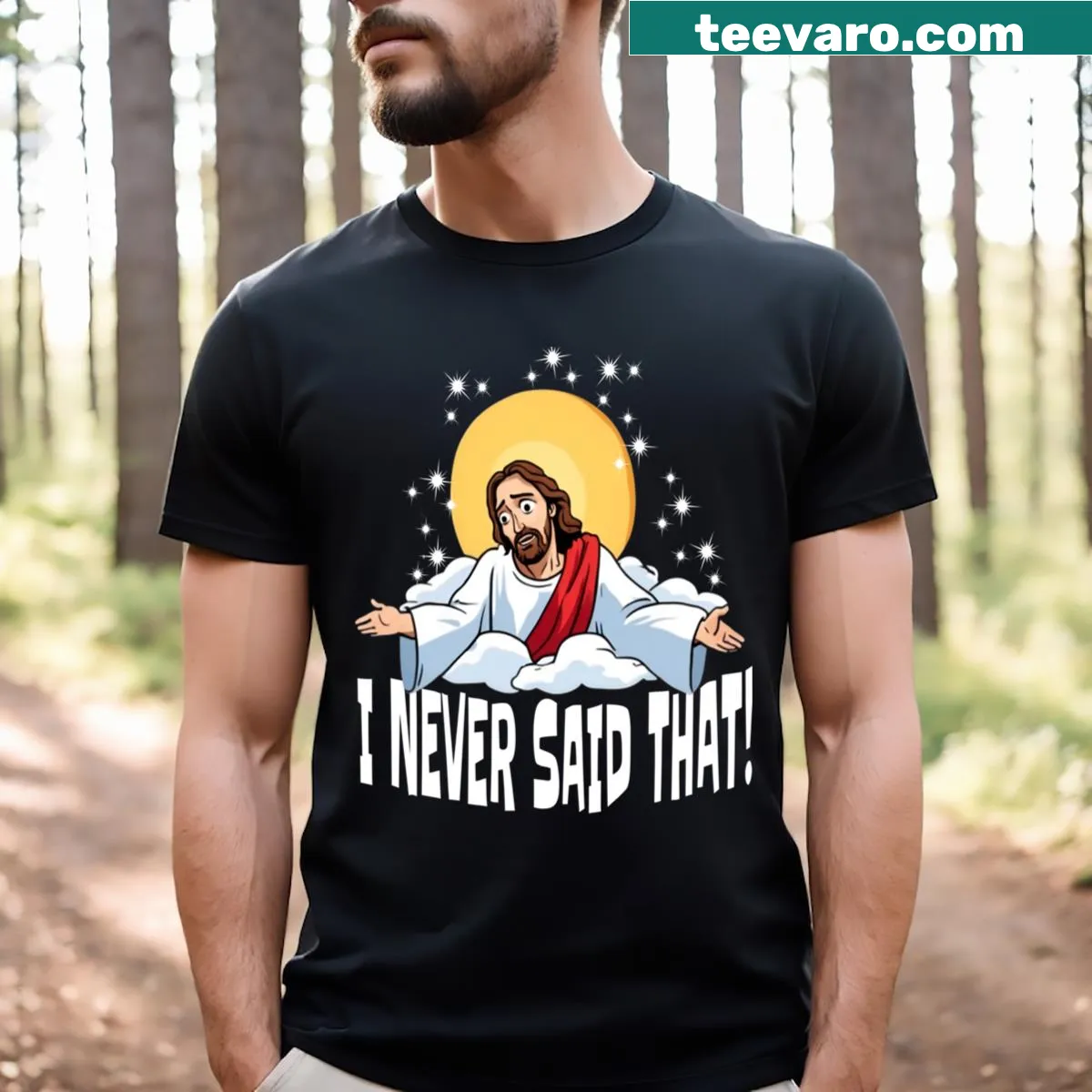 Funny T-shirt featuring a humorous phrase about faith — on a men's t-shirt