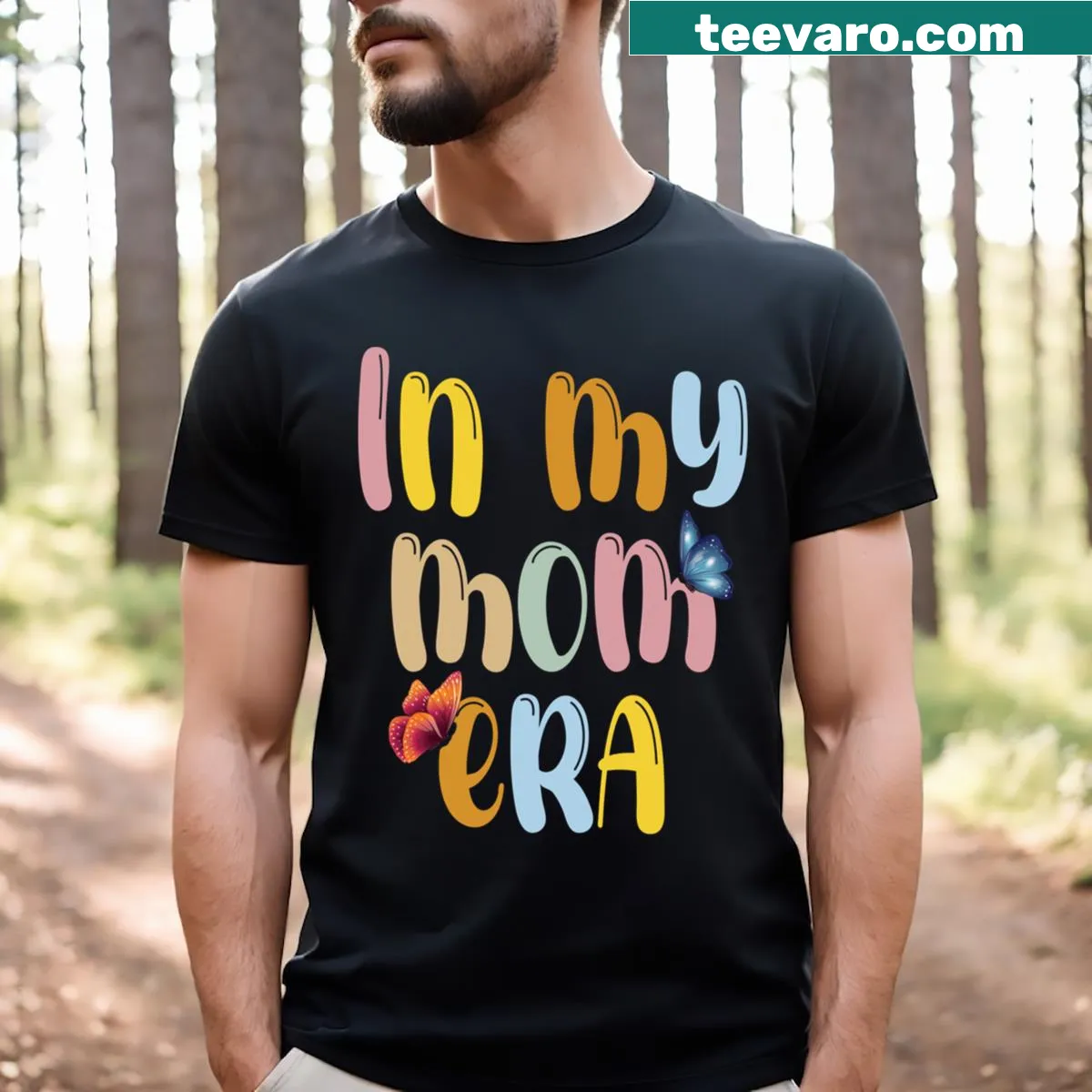 Funny quote about motherhood on the In My Mom Era T-shirt — on a men's t-shirt