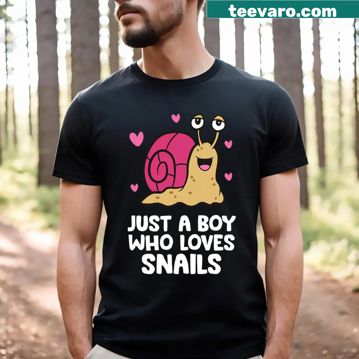 Cute T-shirt for kids featuring the phrase 'Just A Boy Who Loves Snails' in playful typography — on a men's t-shirt