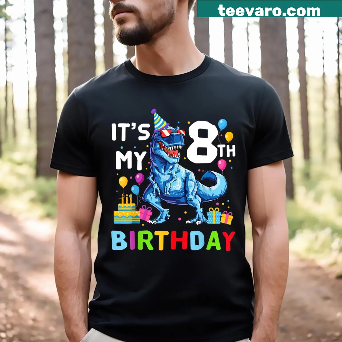 T-Rex graphic on an 8th birthday celebration T-shirt — on a men's t-shirt