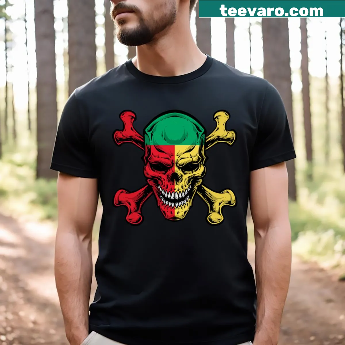 T-shirt featuring a skull design with the Benin flag colors — on a men's t-shirt
