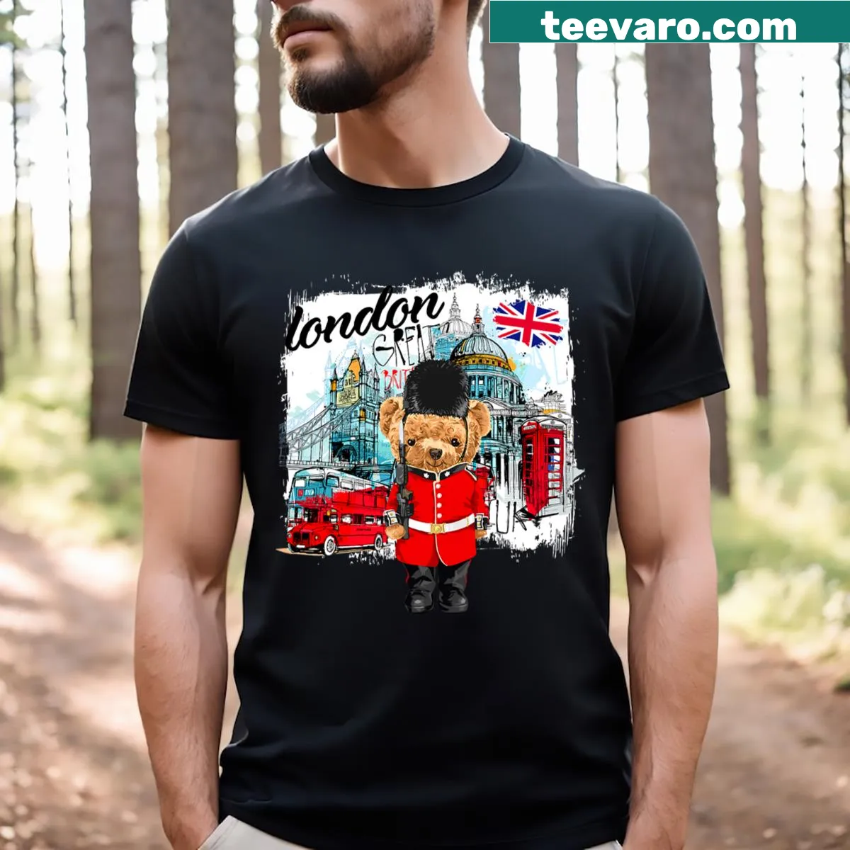 T-shirt with cartoon teddy bear as a royal guard illustration — on a men's t-shirt