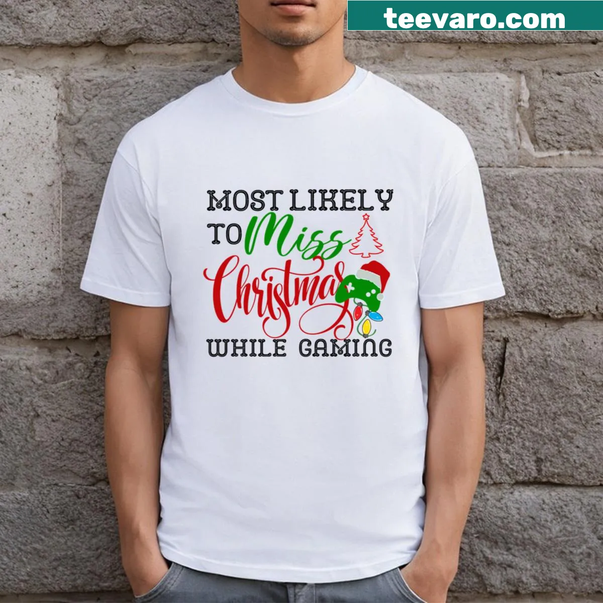 Funny Christmas gaming T-shirt with humorous game controller design — on a men's t-shirt