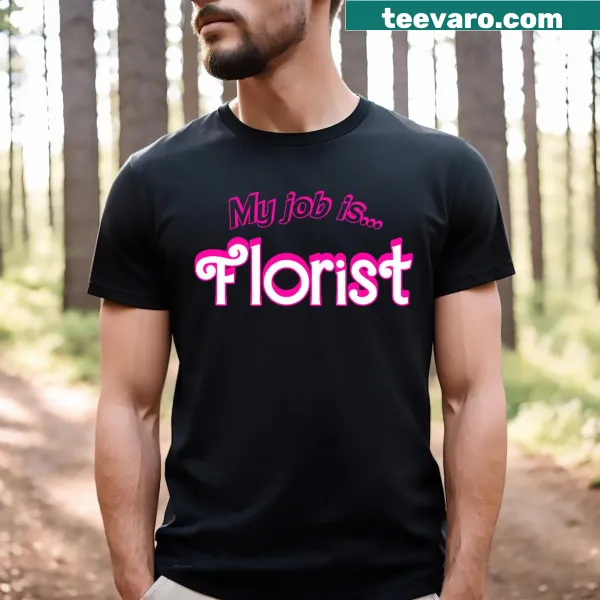Retro pink shirt with floral design and 'My Job Is Florist' text