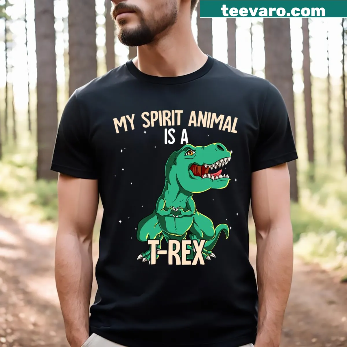 Funny shirt with T-Rex graphic and 'My Spirit Animal Is A Trex' text — on a men's t-shirt