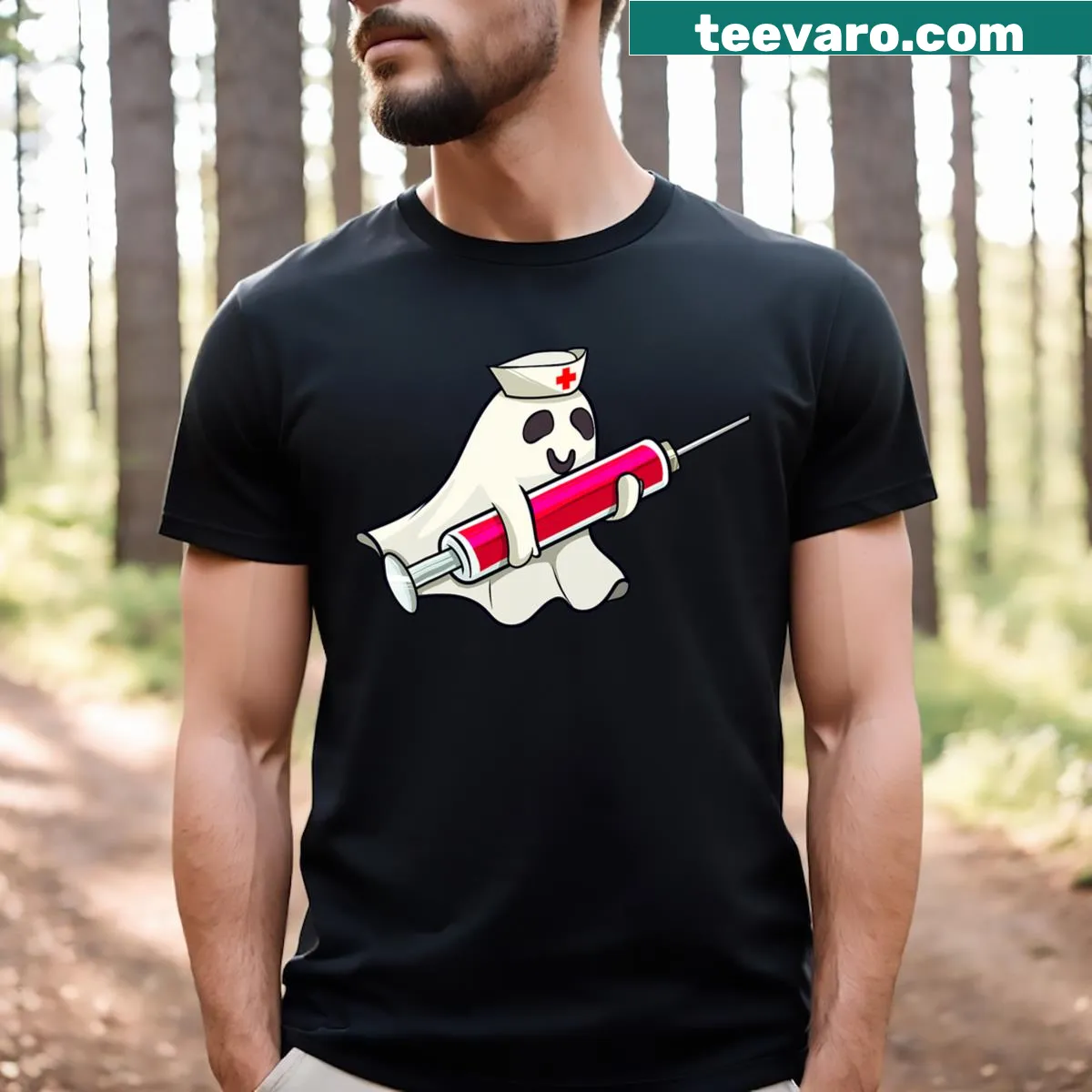 Ghost nurse graphic with a playful design on a t-shirt — on a men's t-shirt