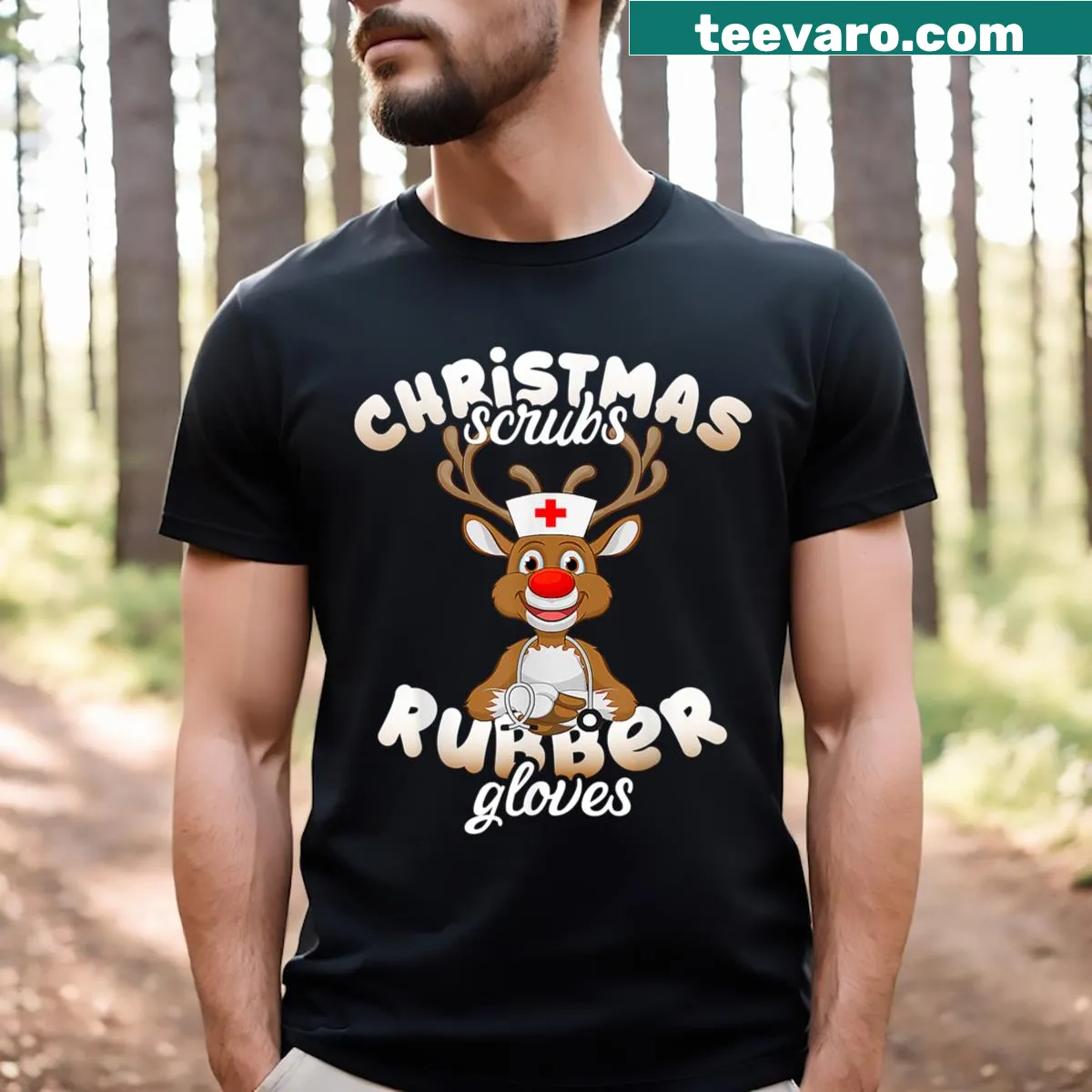 Cute cartoon reindeer graphic on a nurse scrub t-shirt — on a men's t-shirt
