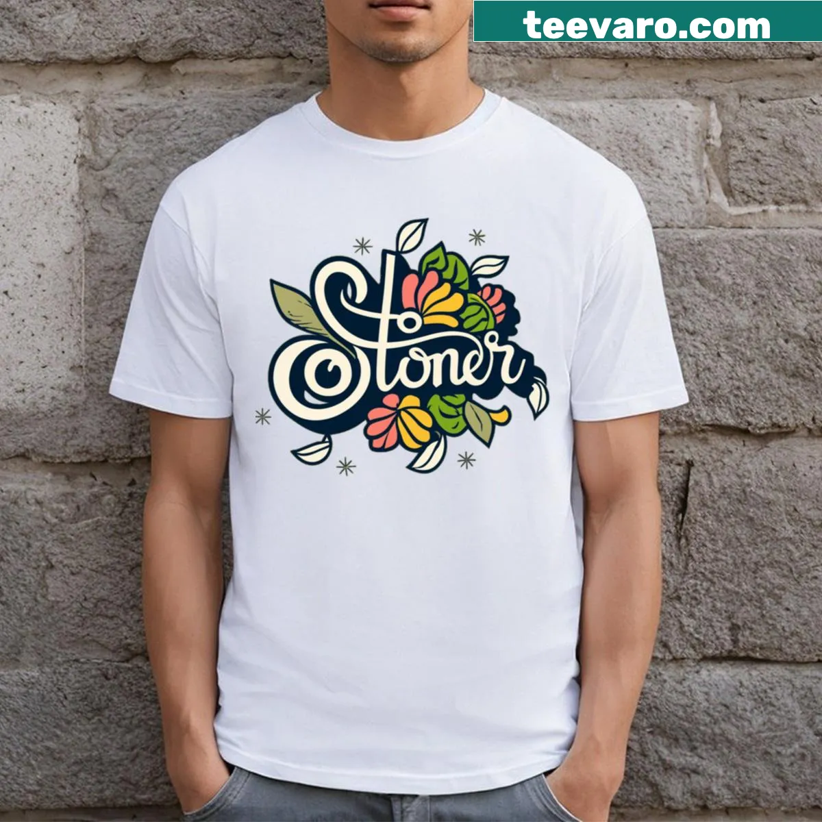 Psychedelic graphic T-shirt with whimsical characters — on a men's t-shirt