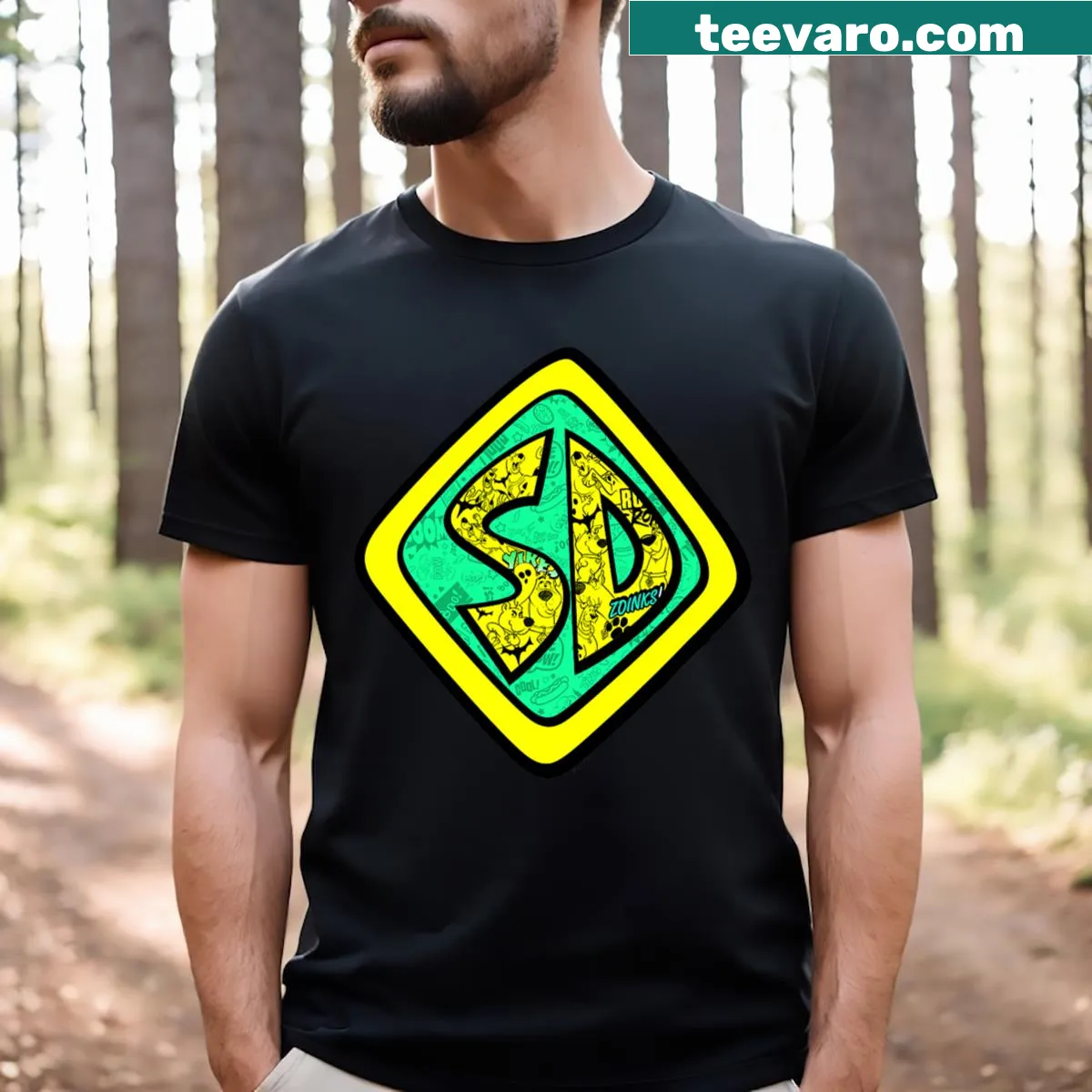 Vintage Scooby-Doo cartoon dog tag poster t-shirt — on a men's t-shirt