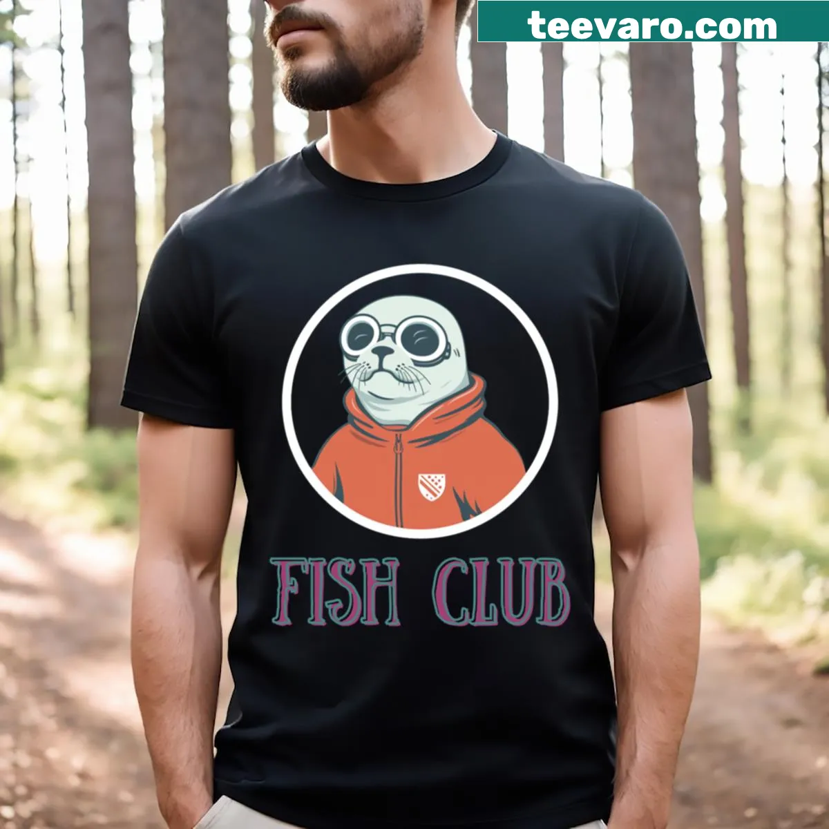 Seal Fish Club t-shirt with playful seal emblem design — on a men's t-shirt
