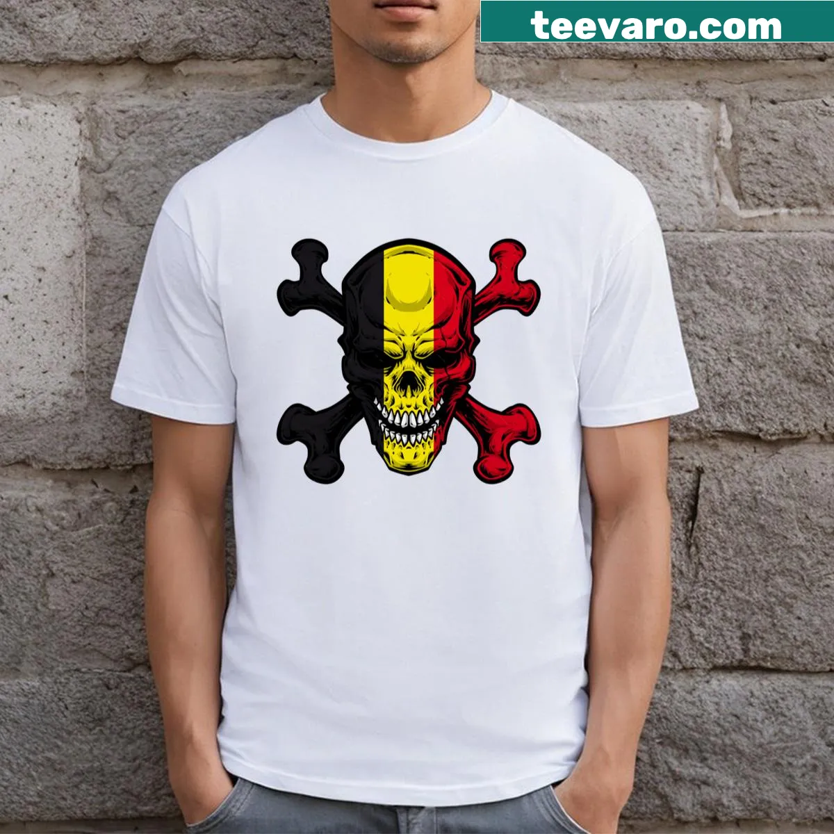 Skull graphic T-shirt with Belgium flag elements — on a men's t-shirt