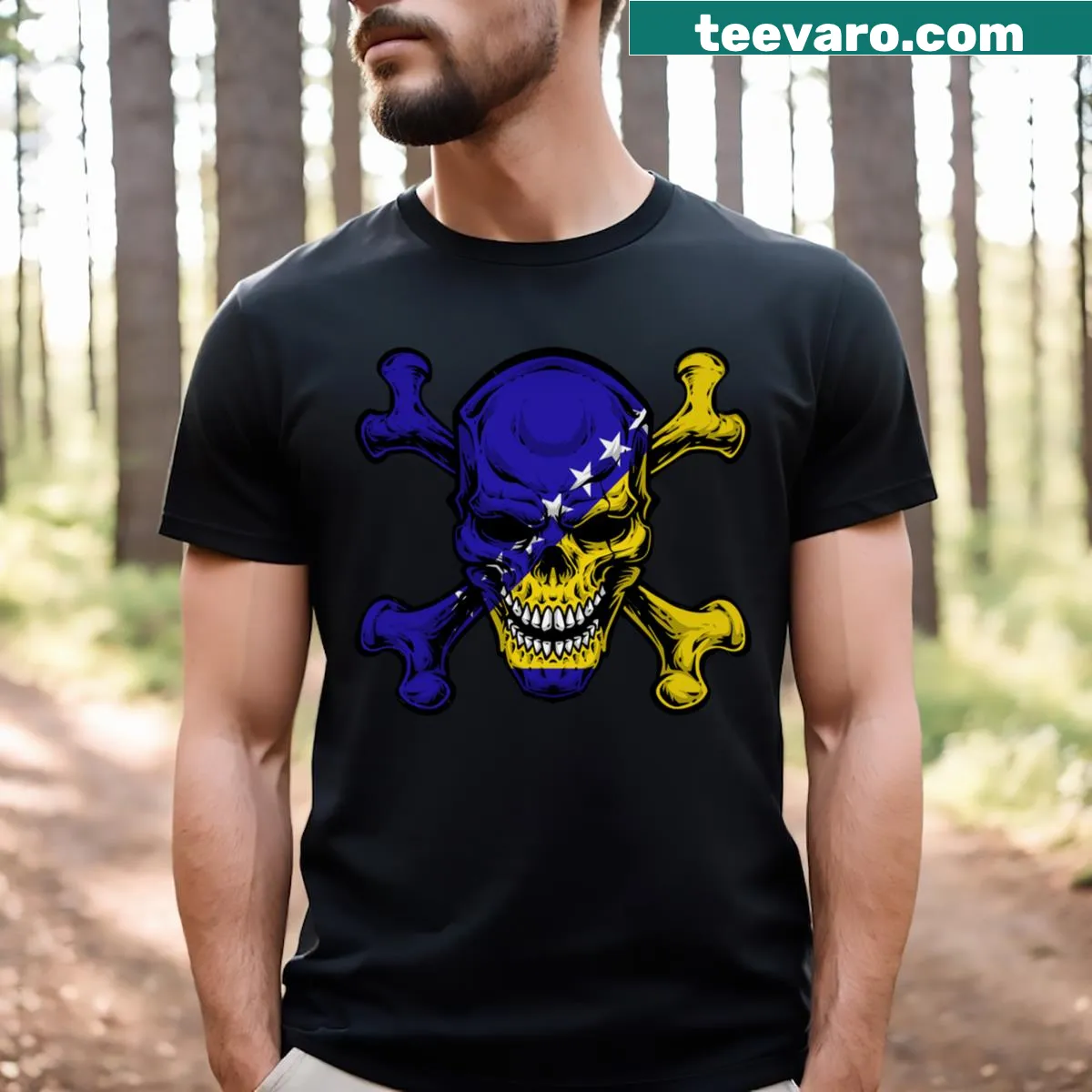 Skull on Bosnia and Herzegovina flag graphic T-shirt — on a men's t-shirt