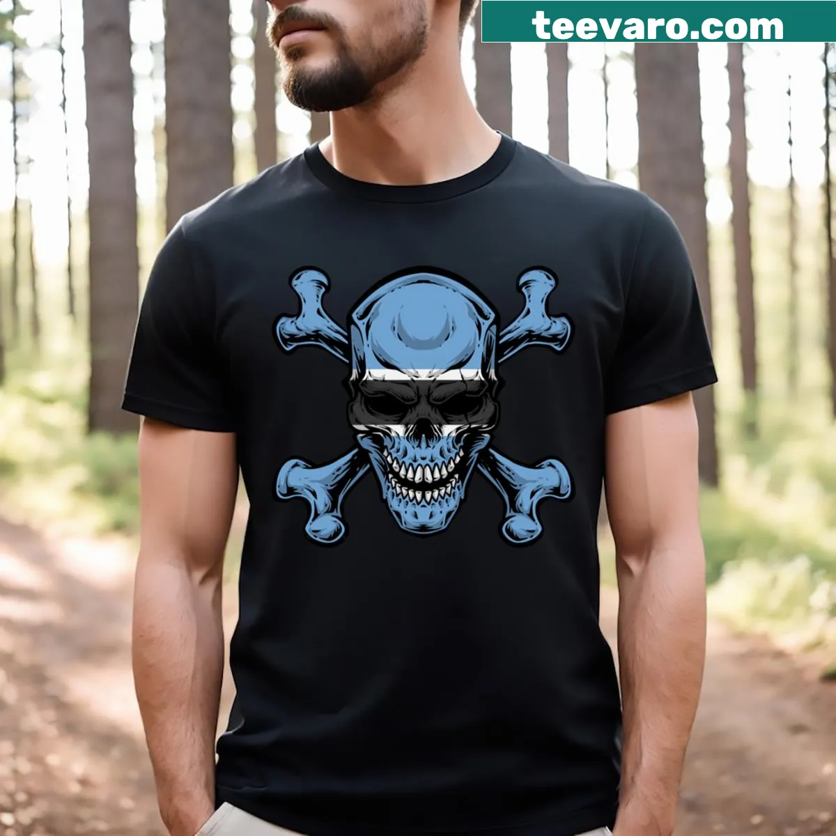 Skull graphic over Botswana flag T-shirt — on a men's t-shirt