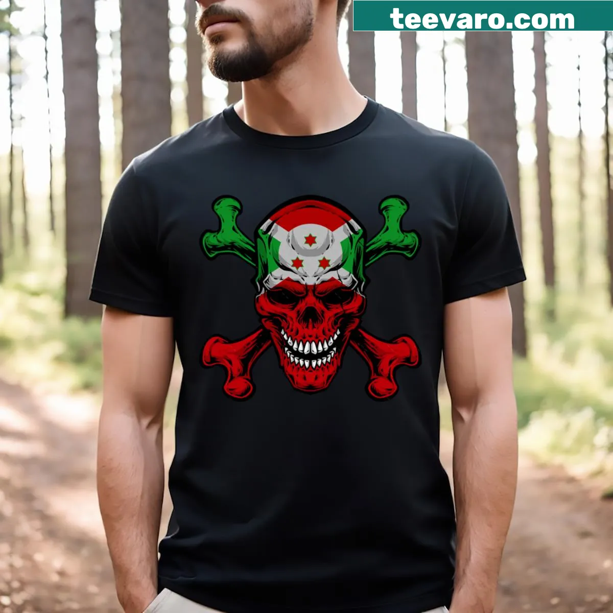 Funny skull design with Burundi flag for proud wearers — on a men's t-shirt