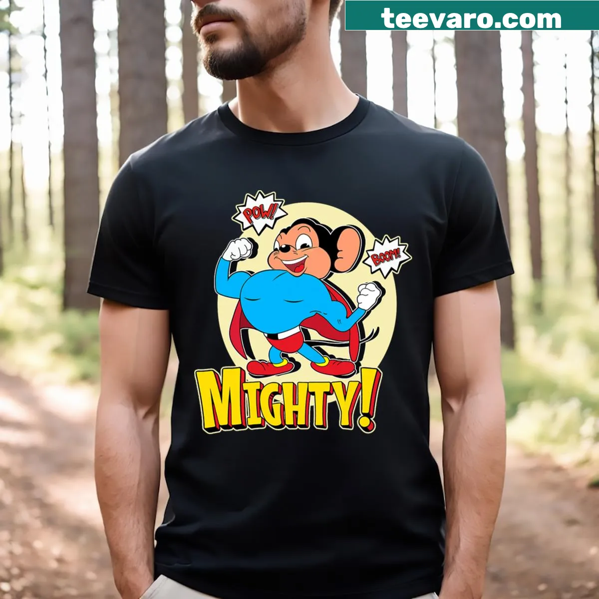 Cartoon superhero mouse with action words on a kids' T-shirt — on a men's t-shirt