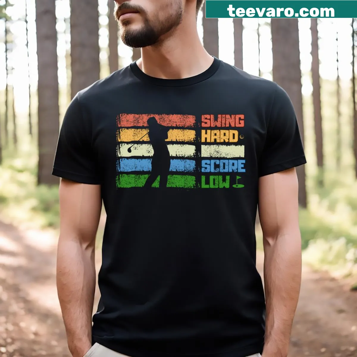 Funny golf T-shirt with 'Swing Hard Score Low' text. — on a men's t-shirt