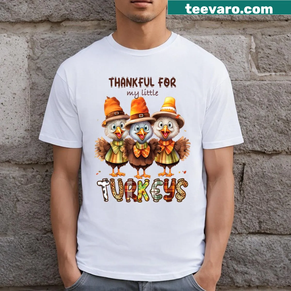 Illustrated Thanksgiving teacher T-shirt with turkeys and festive text — on a men's t-shirt
