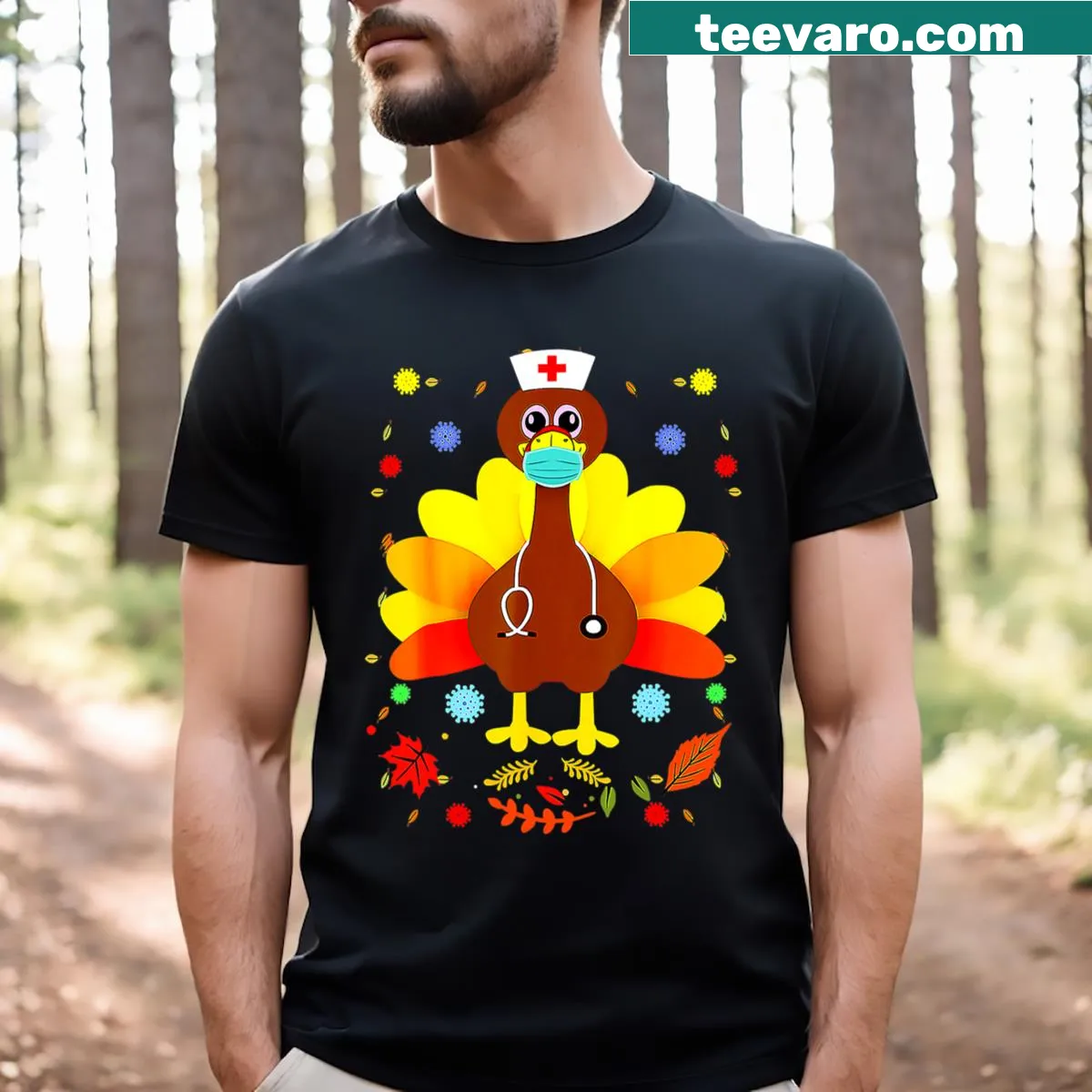 Nurse Thanksgiving t-shirt with a turkey graphic and fun text. — on a men's t-shirt