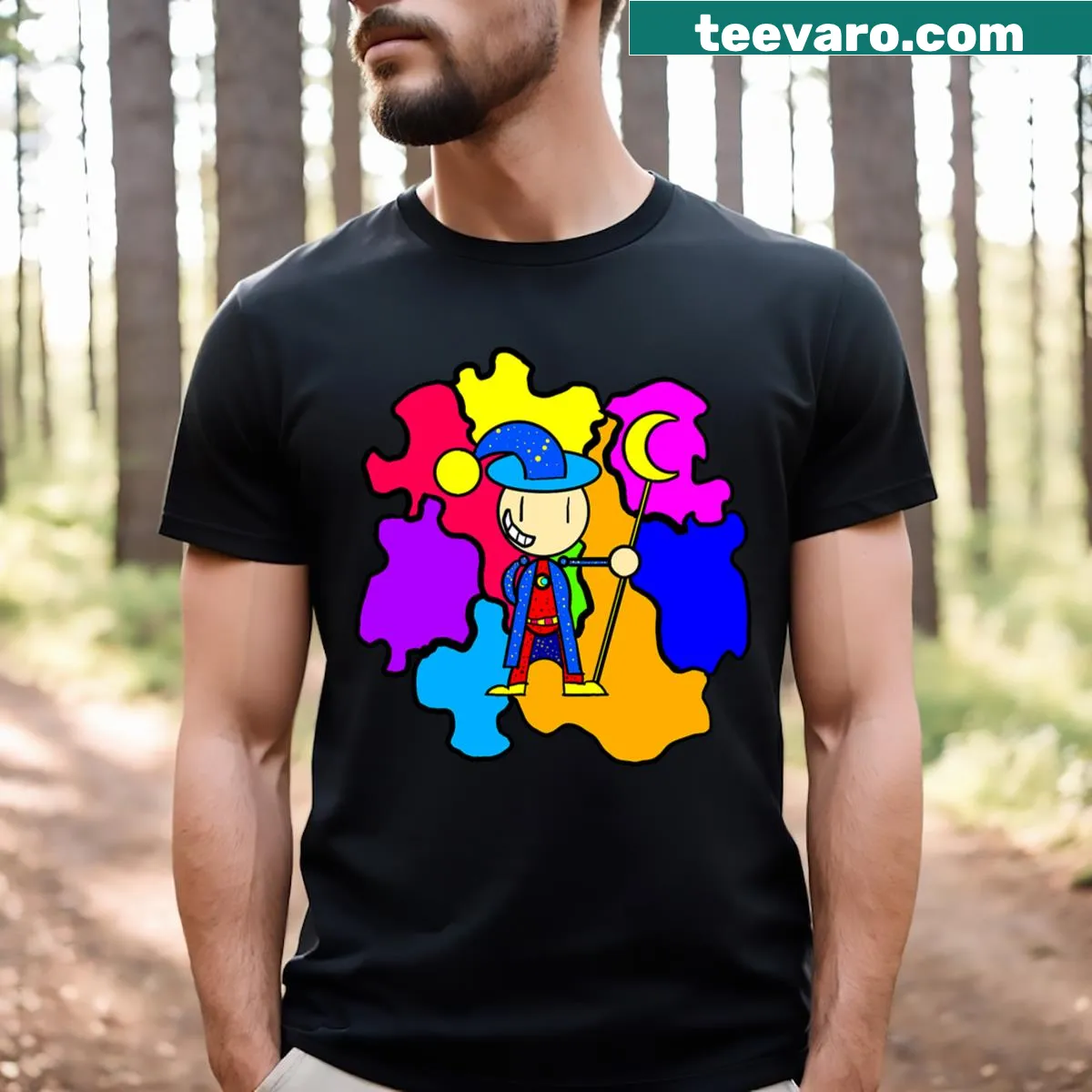 A magical wizard cartoon doodle t-shirt ideal for dreamers. — on a men's t-shirt